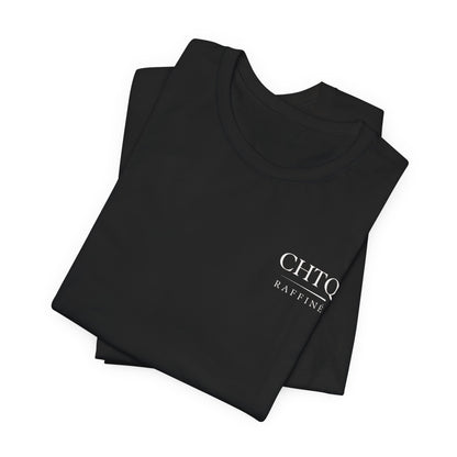 Folded black t-shirts with a logo CHTQ Raffine, on a white background