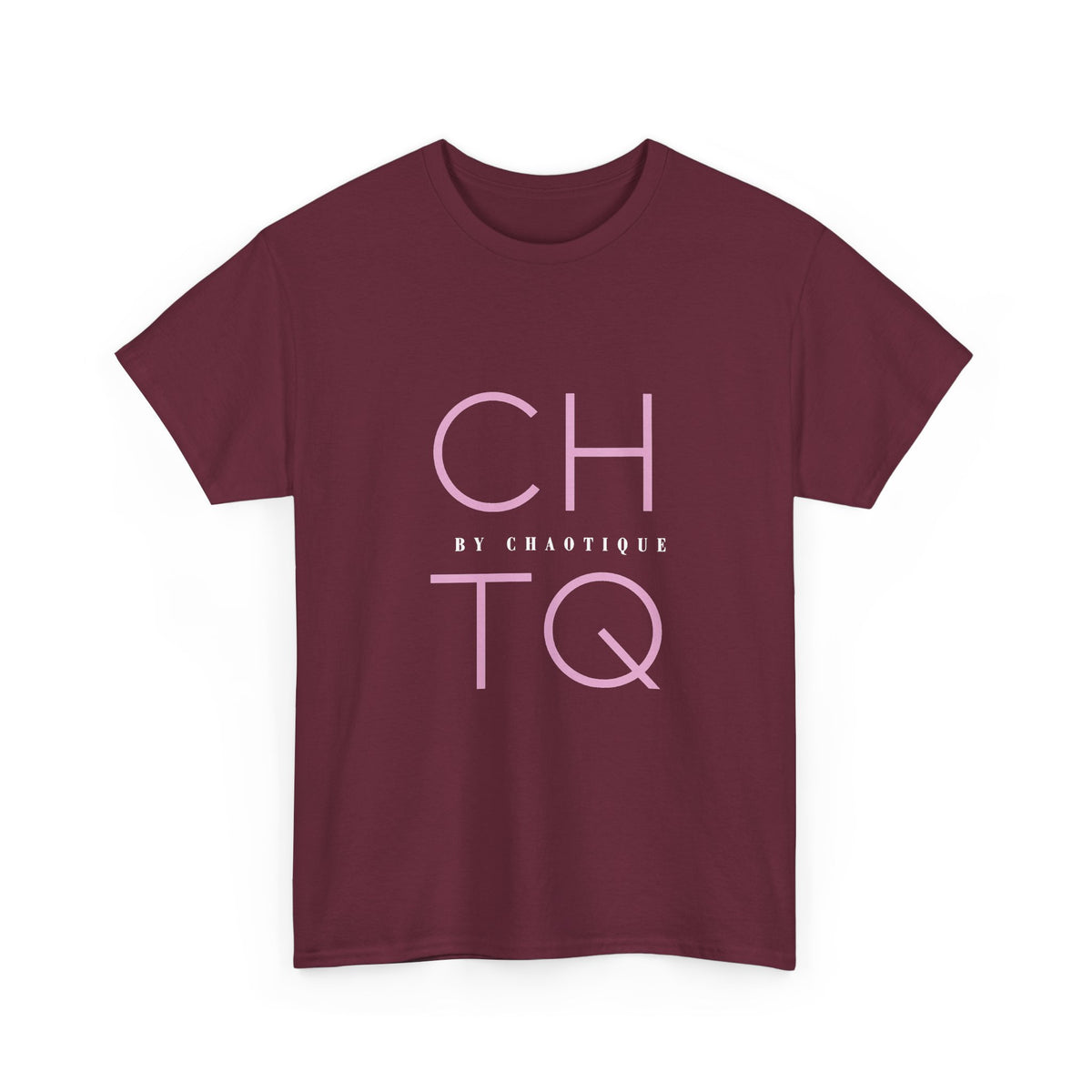 A maroon short-sleeve crewneck t-shirt featuring a light pink graphic print on the front that reads 'CHTQ' with 'BY CHAOTIQUE' in smaller text between them, displayed on a clean white background.