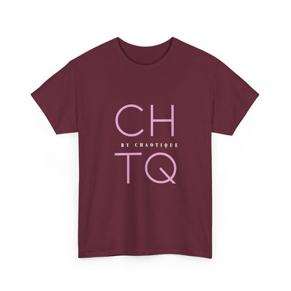A maroon short-sleeve crewneck t-shirt featuring a light pink graphic print on the front that reads 'CHTQ' with 'BY CHAOTIQUE' in smaller text between them, displayed on a clean white background.