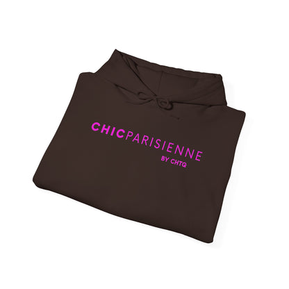 Folded brown CHIC PARISIENNE BY CHTQ hoodie featuring a bright pink graphic print on the front.