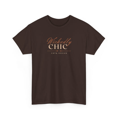 Brown Wickedly Chic Graphic T-Shirt featuring elegant copper-colored script lettering, cream CHIC typography, and subtle CHTQ Design detailing on the front. Front view on a white background.