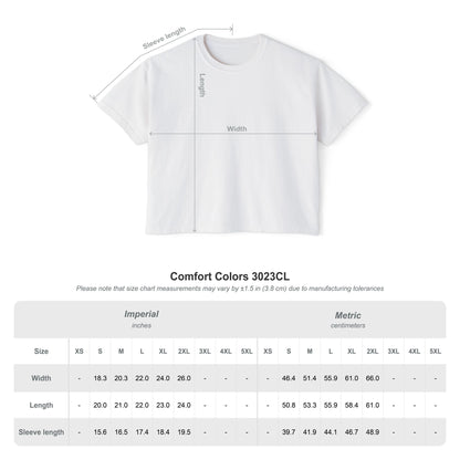 White t-shirt with measurement lines and size chart on a white background