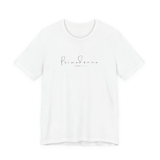 A white short-sleeve crewneck t-shirt with a delicate black cursive 'Primadonna' logo printed across the chest, displayed on a clean white background.