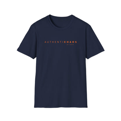 A navy blue short-sleeve crewneck T-shirt featuring minimalist AuthentiCHAOS by CHTQ typography on the front.