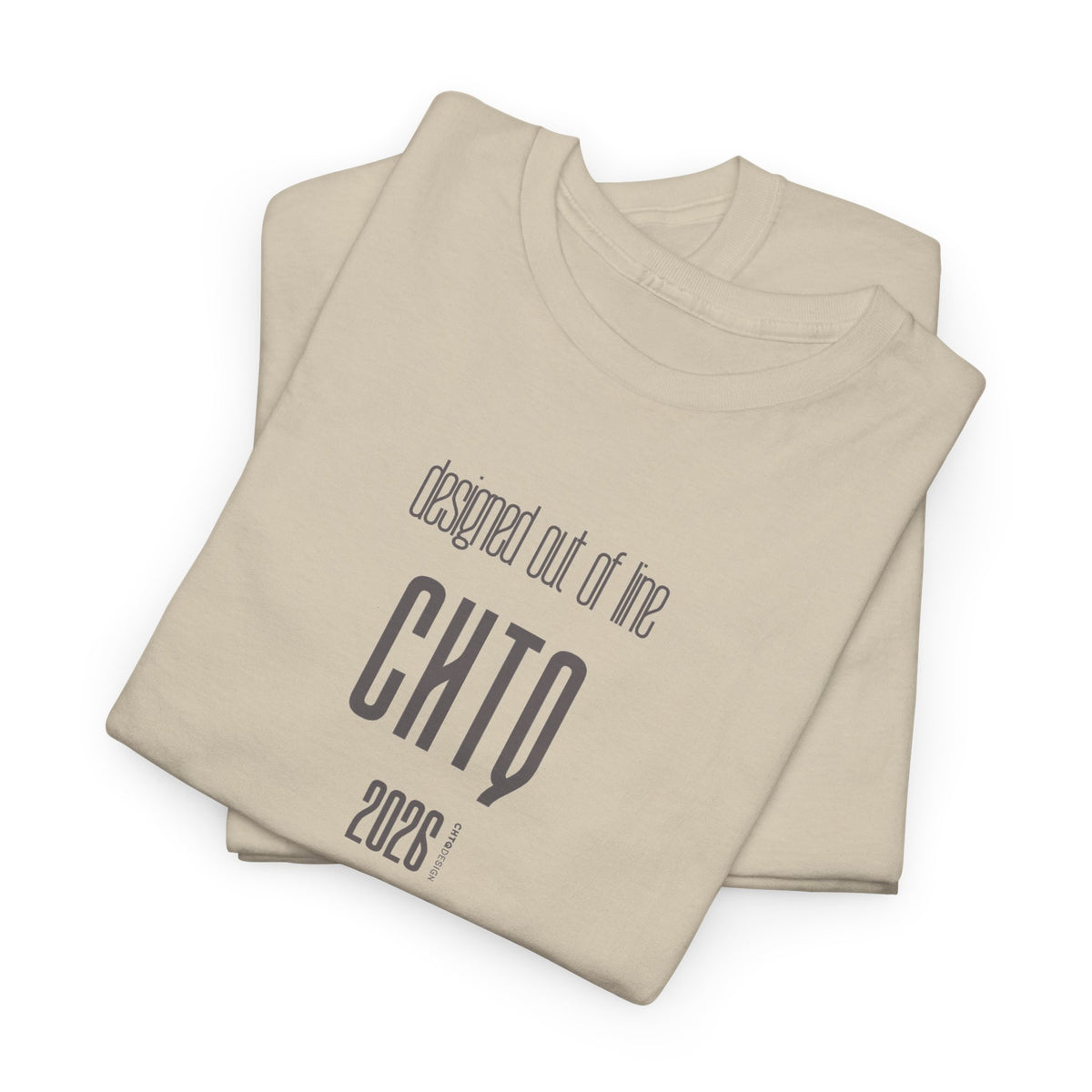 A folded Sand Designed Out of Line CHTQ Graphic T-Shirt featuring minimalist gray CHTQ typography, “designed out of line” text, and 2026 detailing on the front.