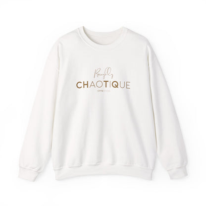 White Roughly Chaotique crewneck sweatshirt with gold typography and CHTQ Design signature on the front, displayed against a clean white background.