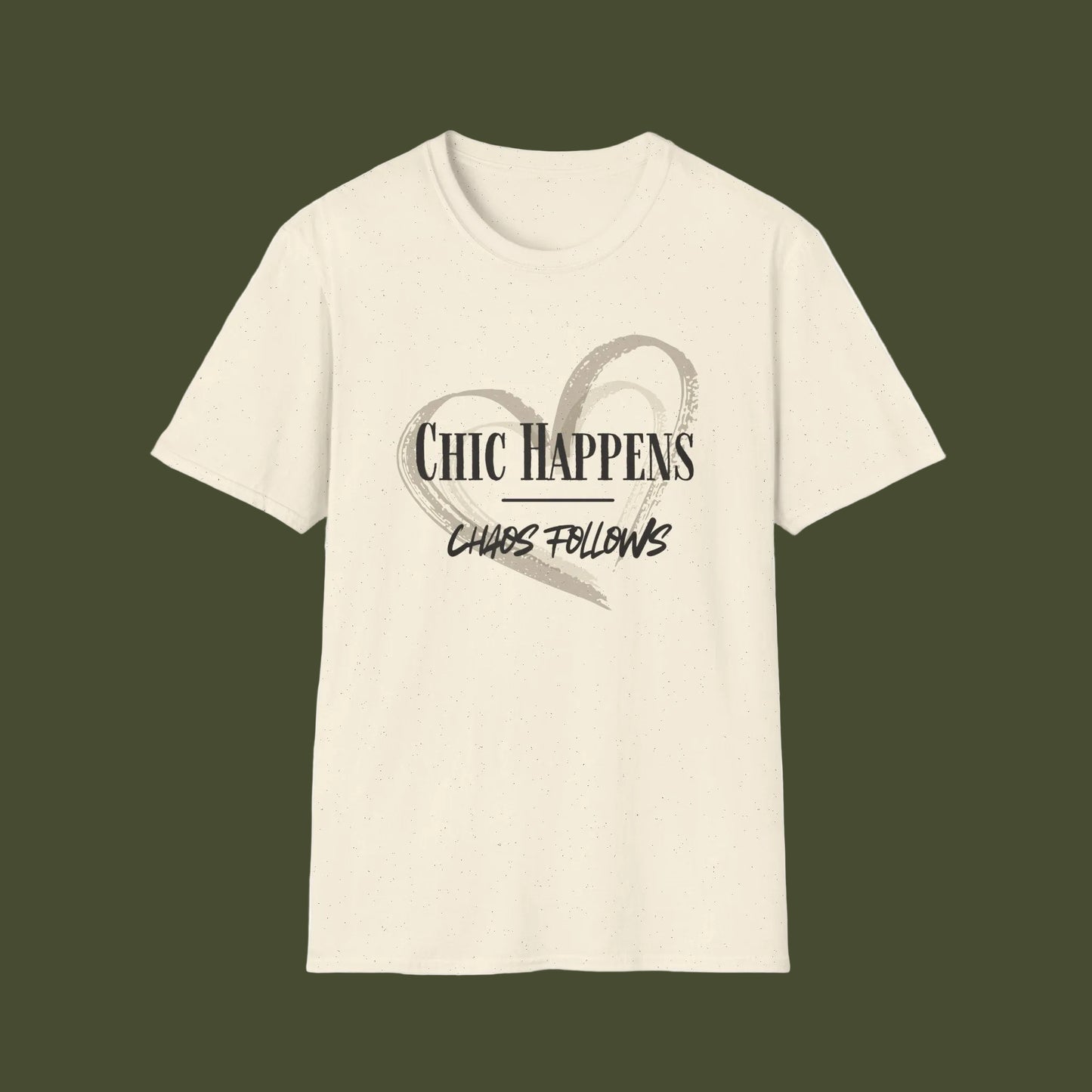 An off-white short-sleeve crewneck t-shirt with a graphic on the front featuring a distressed gray heart and the text 'CHIC HAPPENS' and 'CHAOS FOLLOWS'.