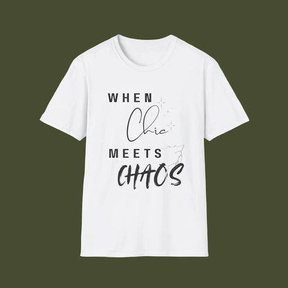 A white short-sleeve crewneck t-shirt with a black graphic text print reading 'WHEN Chic MEETS CHAOS' on the front, displayed against a solid white background.