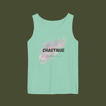 Mint green tank top with 'CHAOTIQUE' text and floral design on a white background