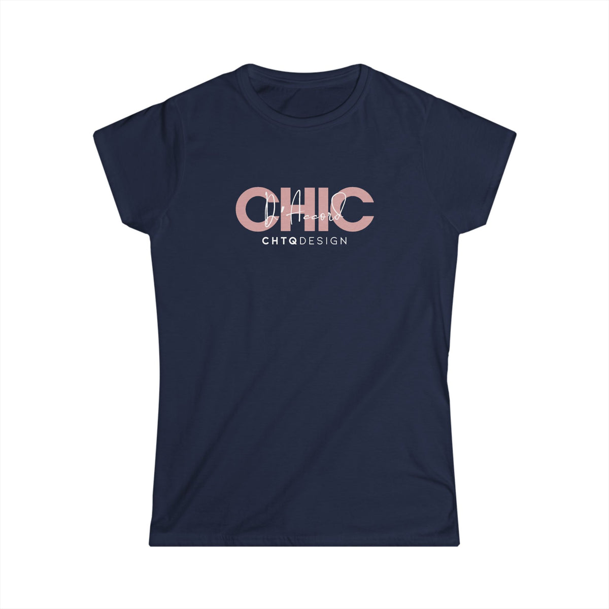 A navy blue short-sleeve t-shirt with a graphic on the chest reading 'CHIC D'Accord' in a dusty pink tone, layered over a white 'CHTQ DESIGN' logo, displayed on a clean white background.
