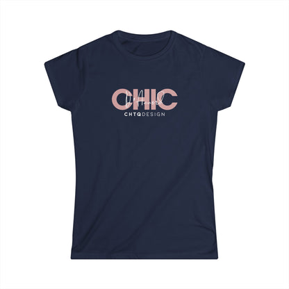 A navy blue short-sleeve t-shirt with a graphic on the chest reading 'CHIC D'Accord' in a dusty pink tone, layered over a white 'CHTQ DESIGN' logo, displayed on a clean white background.