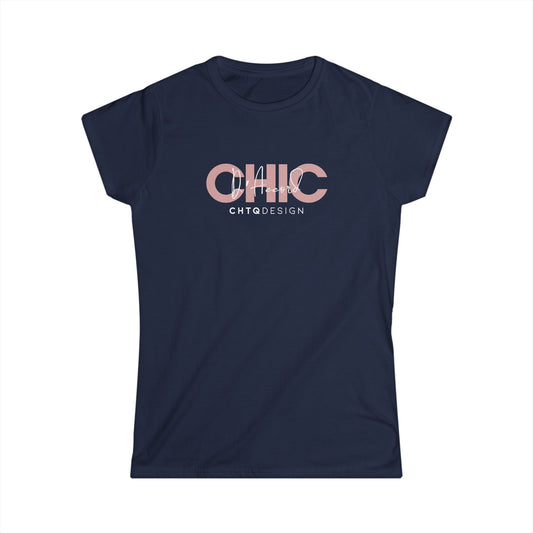 A navy blue short-sleeve t-shirt with a graphic on the chest reading 'CHIC D'Accord' in a dusty pink tone, layered over a white 'CHTQ DESIGN' logo, displayed on a clean white background.