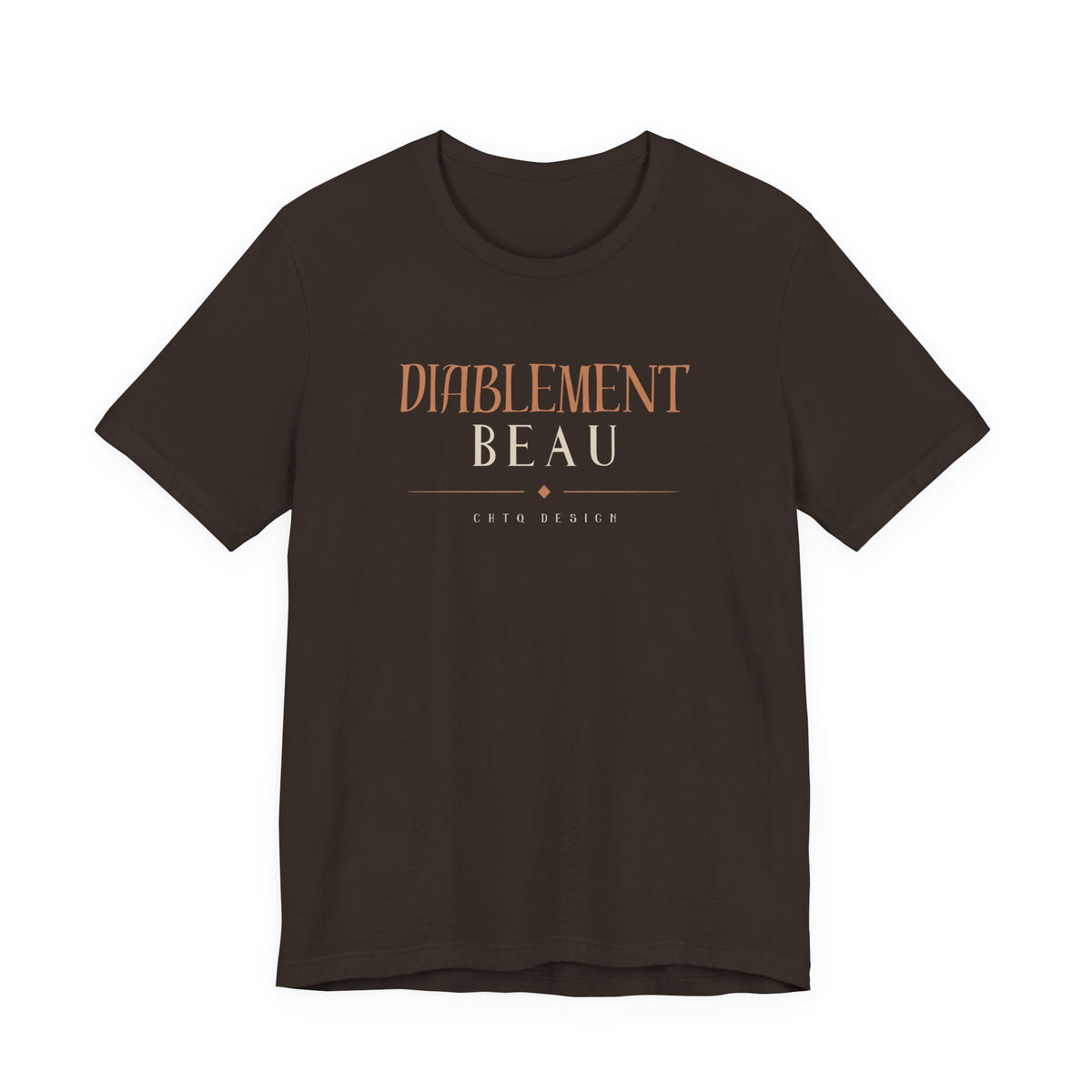 A dark brown short-sleeve crewneck t-shirt with a graphic on the chest reading 'DIABILITY BEAU' in orange and white, and 'CHEN DESIGN' underneath, shown on a plain white background.