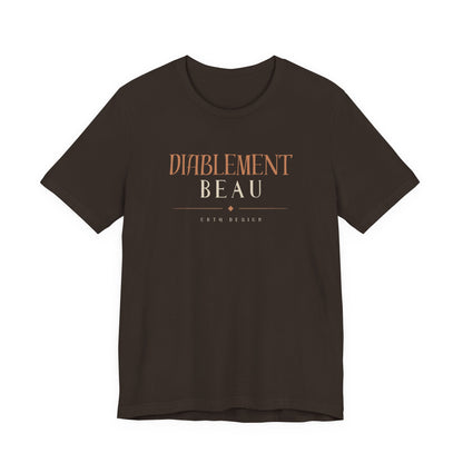 A dark brown short-sleeve crewneck t-shirt with a graphic on the chest reading 'DIABILITY BEAU' in orange and white, and 'CHEN DESIGN' underneath, shown on a plain white background.