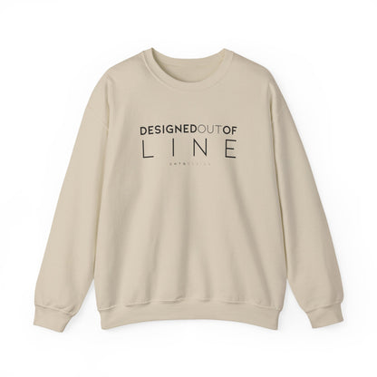 Sand Designed Out of Line crewneck sweatshirt by CHTQ Design with black typography graphic.