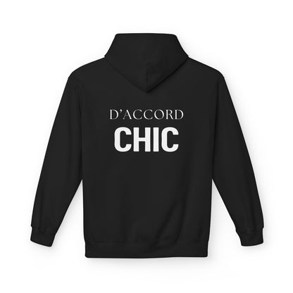 A black pullover hoodie shown from the back, featuring the words 'D'ACCORD CHIC' printed in white across the upper back.