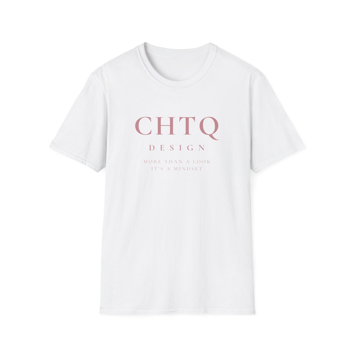 A white crewneck T-shirt with pink “CHTQ DESIGN” and “MORE THAN A SHIRT, IT’S A MOVEMENT” text on the front, paired with black pants against a plain white background.