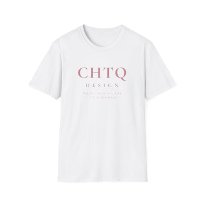 A white crewneck T-shirt with pink “CHTQ DESIGN” and “MORE THAN A SHIRT, IT’S A MOVEMENT” text on the front, paired with black pants against a plain white background.