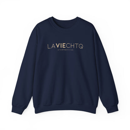 Navy blue crewneck sweatshirt with “LA VIE CHTQ” and “BY CHTQ DESIGN” printed in gold across the chest, displayed against a clean white background.