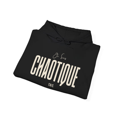 Folded black Je Suis CHAOTIQUE CHIC hoodie with cream graphic lettering visible across the chest.