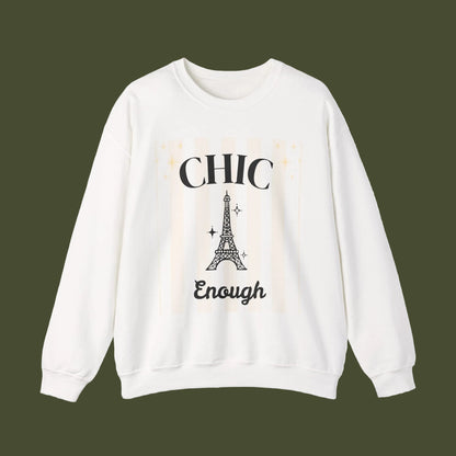 White sweatshirt with Eiffel Tower graphic and 'Chic Enough' text on a white background