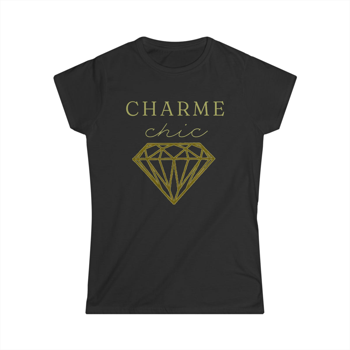 A black short-sleeve crewneck t-shirt with a gold graphic print on the front that reads 'CHARME chic' above a large outlined diamond, shown on a plain white background.