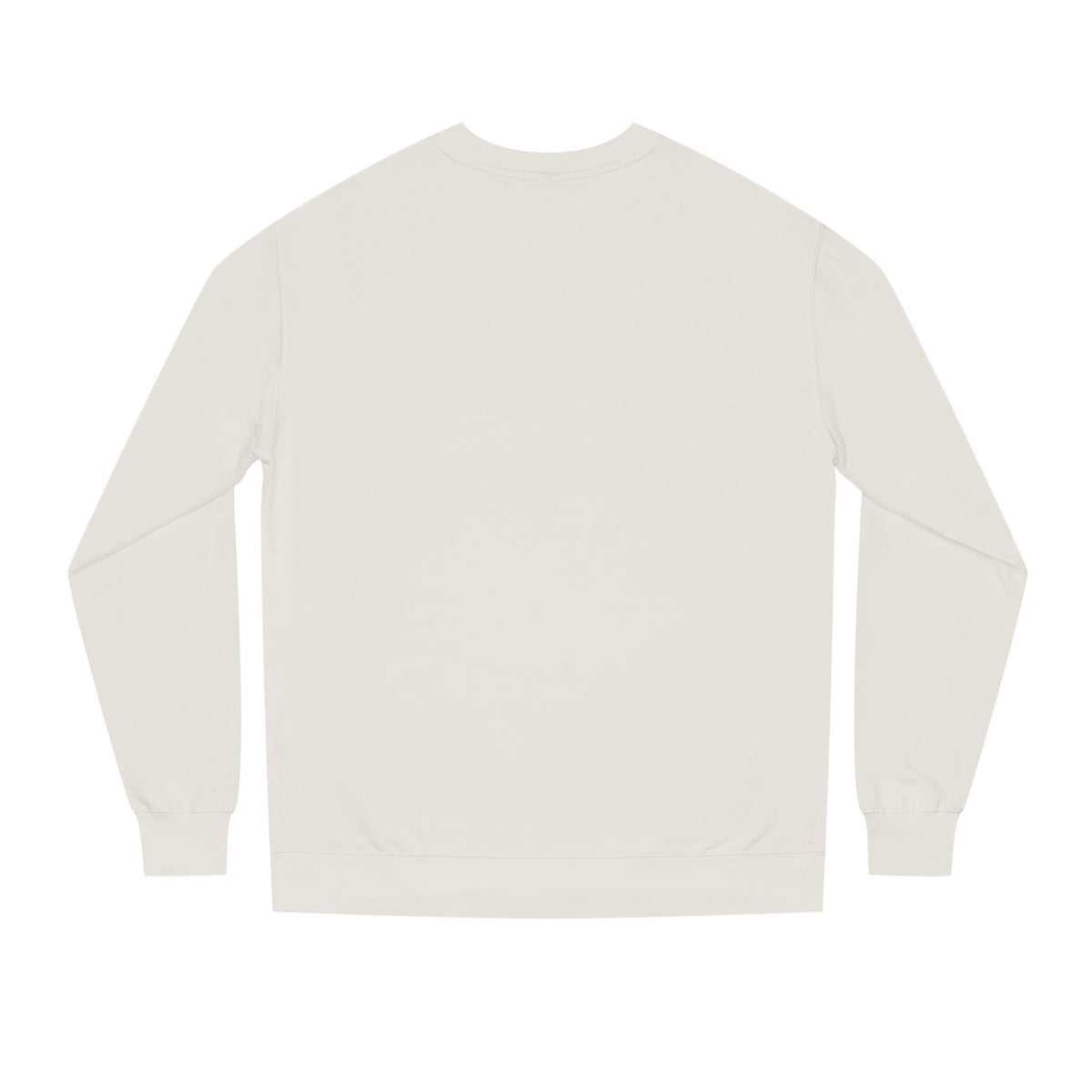 Backview of White D’Accord BEAU men's crewneck sweatshirt with dark navy typography and CHTQ Design logo on the front.