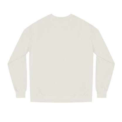 Backview of White D’Accord BEAU men's crewneck sweatshirt with dark navy typography and CHTQ Design logo on the front.