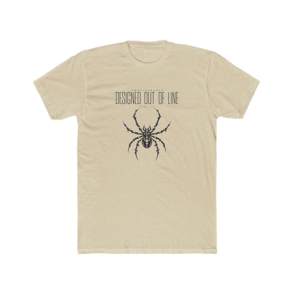 UNSPIDERABLY Designed Out of Line cream graphic T-shirt featuring detailed black spider illustration and minimalist typography by CHTQ Design, front view