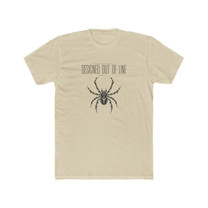 UNSPIDERABLY Designed Out of Line cream graphic T-shirt featuring detailed black spider illustration and minimalist typography by CHTQ Design, front view