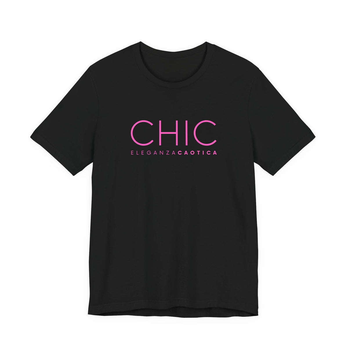 Black graphic T-shirt with pink 'CHIC ELEGANZA CAOTICA' typography on a neutral gray studio background.