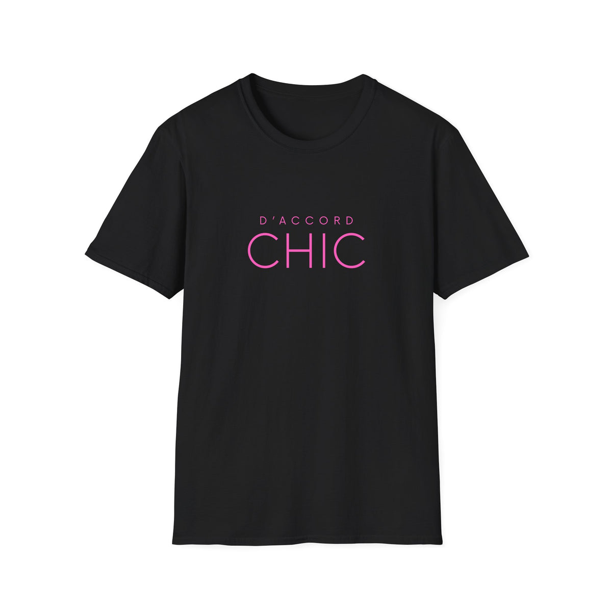 Black graphic T-shirt featuring bold D’Accord Chic typography on the front.