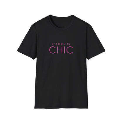 Black graphic T-shirt featuring bold D’Accord Chic typography on the front.