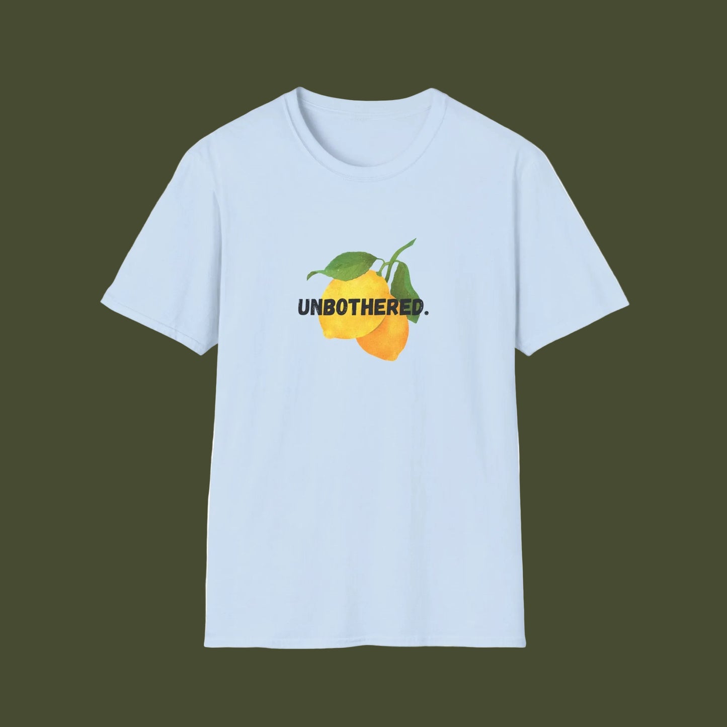 Light blue t-shirt with a lemon graphic and 'Unbothered' text on a white background