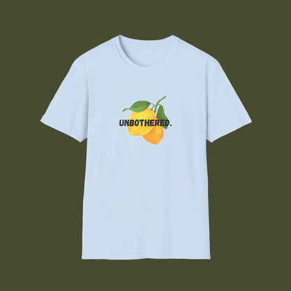 Light blue t-shirt with a lemon graphic and 'Unbothered' text on a white background