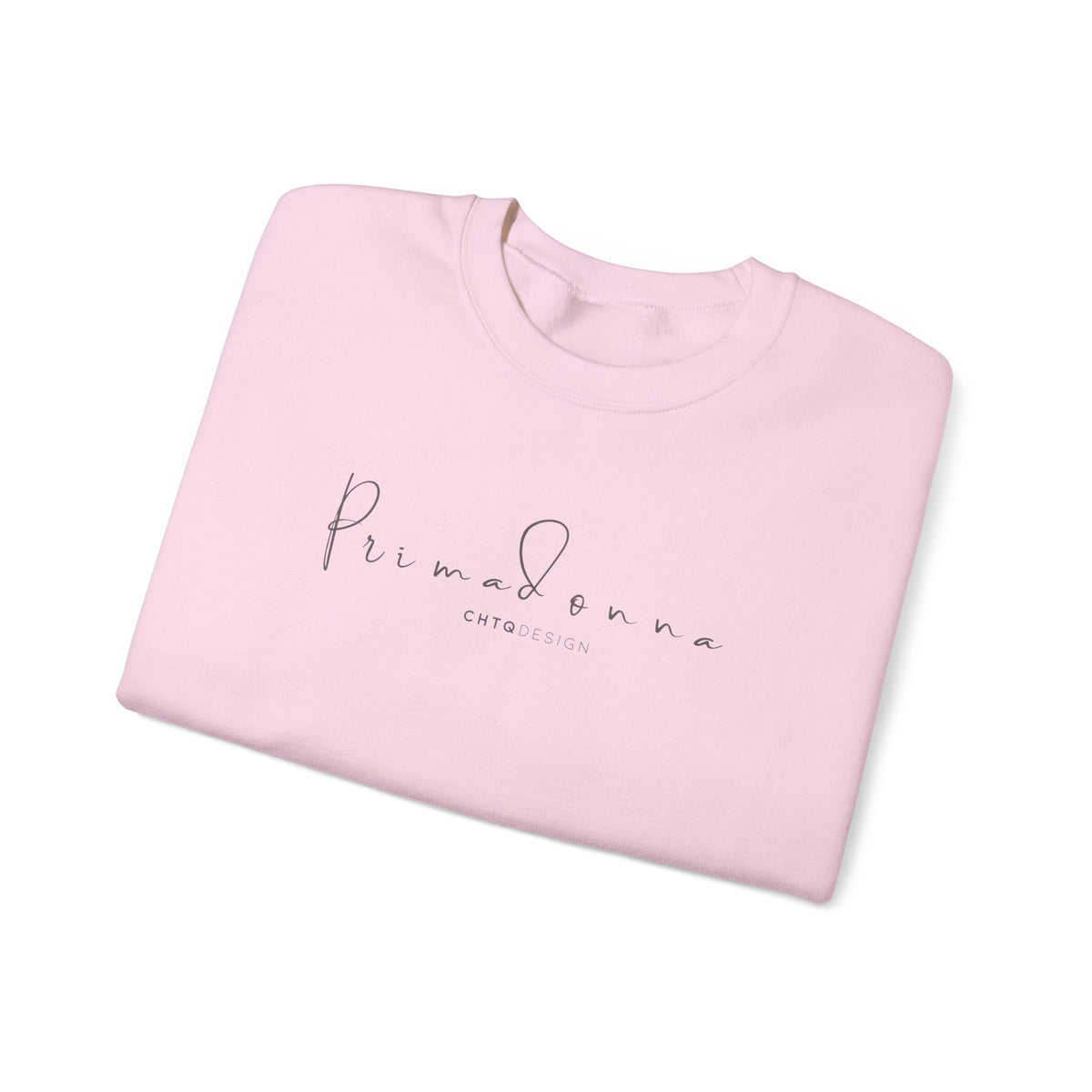 Folded PRIMADONNA by CHTQ Design light pink crewneck sweatshirt featuring elegant gray script lettering on the chest, front view on white background.
