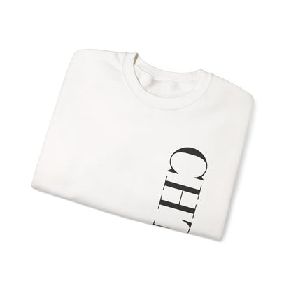 A folded white blue crewneck sweatshirt with a vertical black CHTQ DESIGN graphic on the front, displayed against a clean white background.
