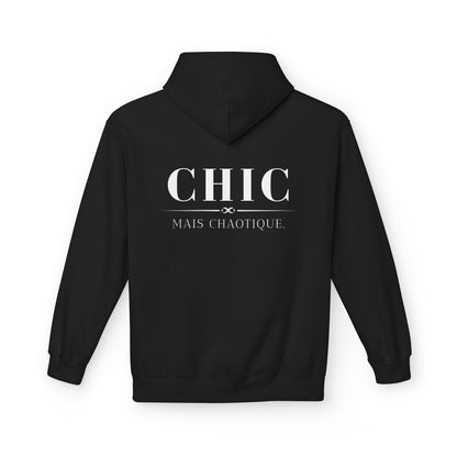 Black hoodie with a white car design on the back against a white background