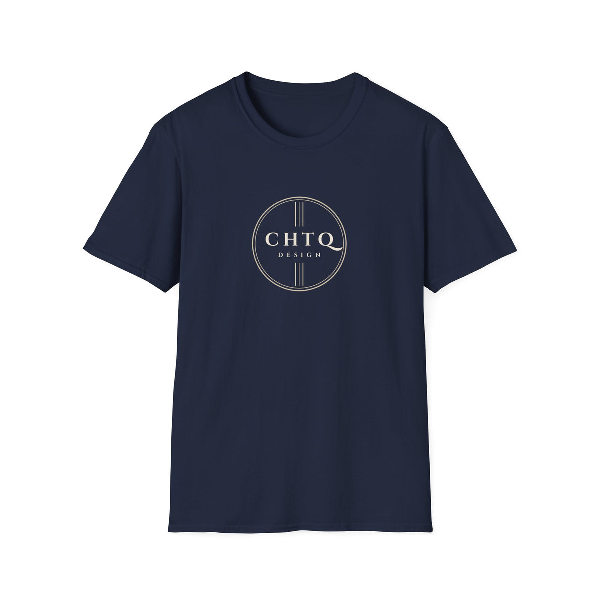 Navy blue men’s graphic T-shirt featuring a gold CHTQ Design circle logo on the front, displayed against a white background.