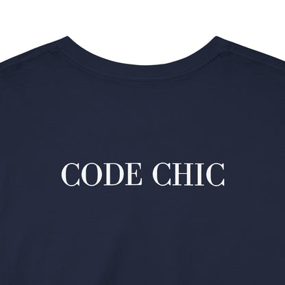 Close-up of a navy blue t-shirt with the words 'CODE CHIC' printed in white serif letters across the chest.