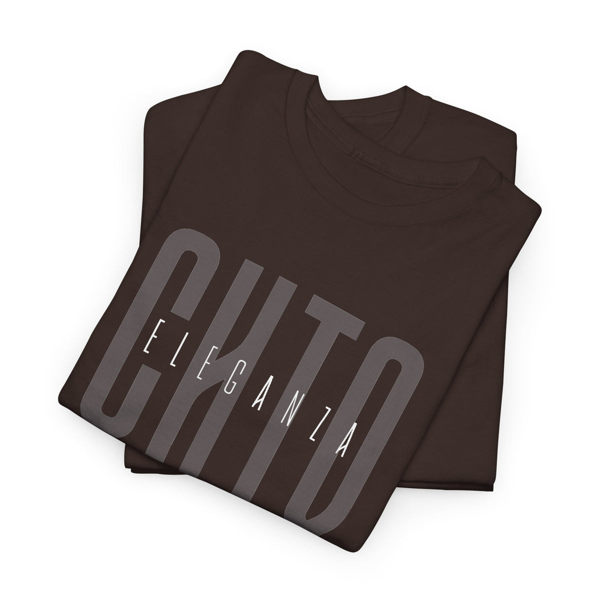 Folded dark brown crewneck t-shirt with a gray graphic print that reads 'CHTQ ELEGANZA' on the chest, posed against a solid white background.