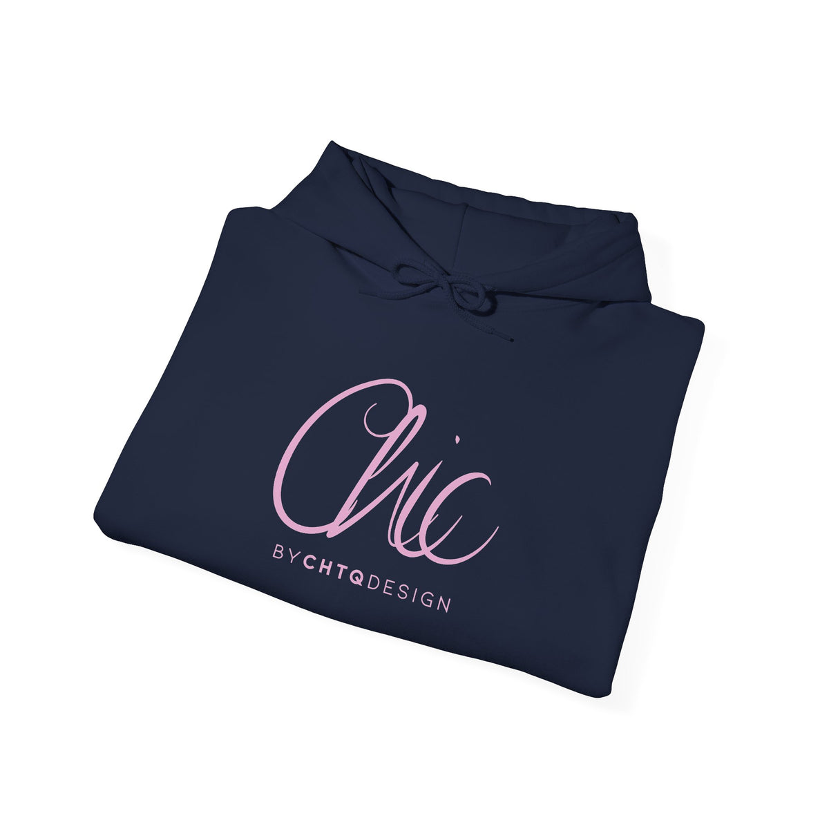 Folded CHIC BY CHTQ DESIGN navy blue women’s hoodie with pink script graphic