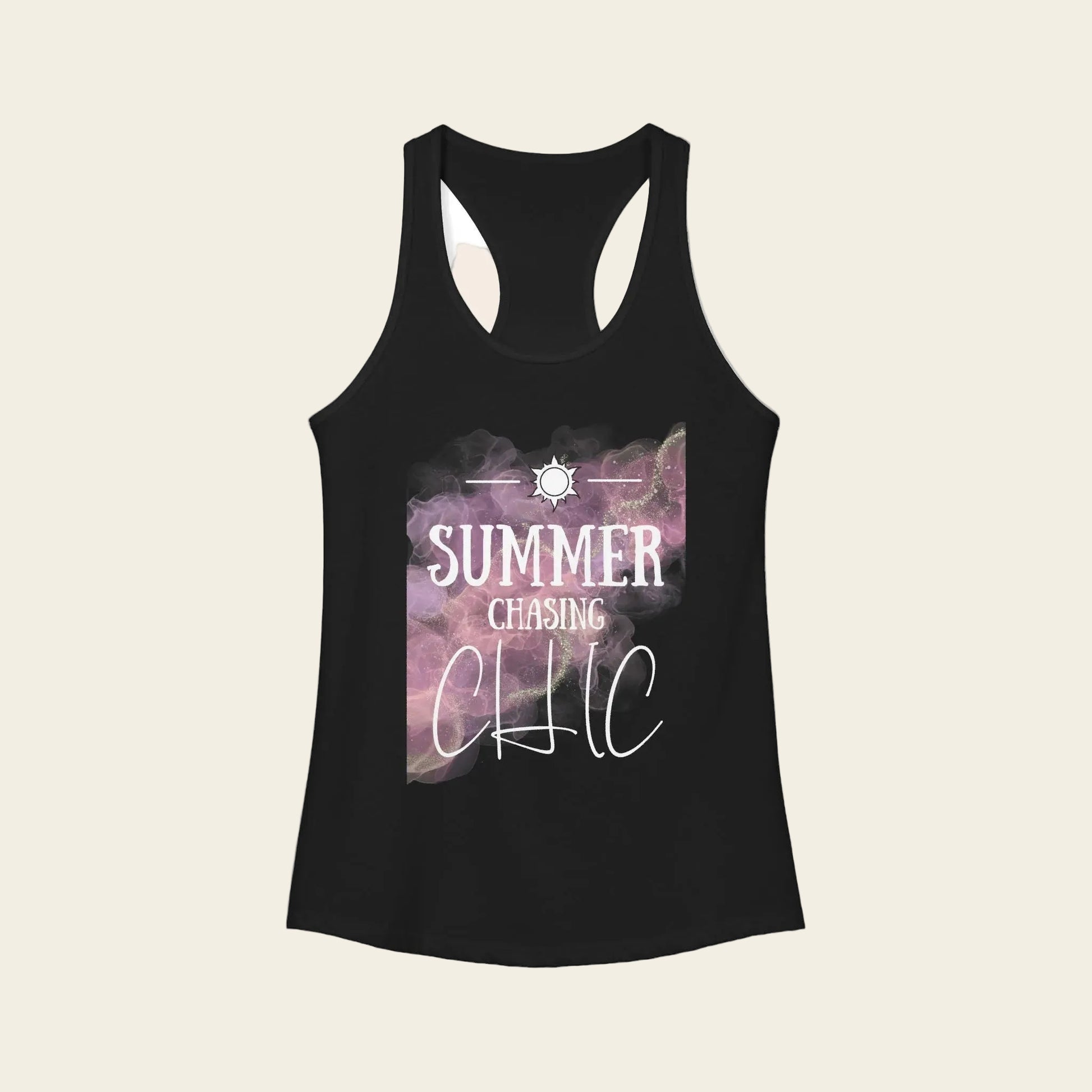 A black racerback tank top with a graphic print on the front featuring a purple and pink galaxy design with the text 'SUMMER CHASING CHIC' in white.