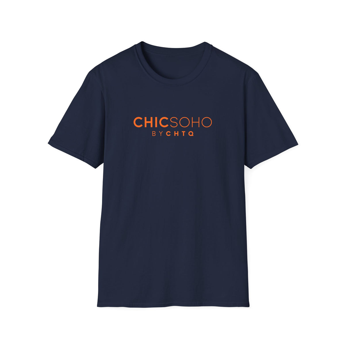Navy blue CHICSOHO graphic T-shirt with orange BY CHTQ logo print, short sleeves and crew neckline, displayed on a clean white background.