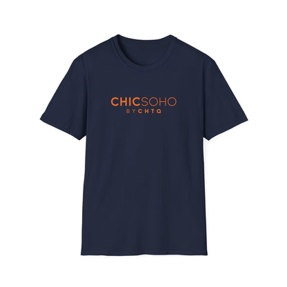 Navy blue CHICSOHO graphic T-shirt with orange BY CHTQ logo print, short sleeves and crew neckline, displayed on a clean white background.