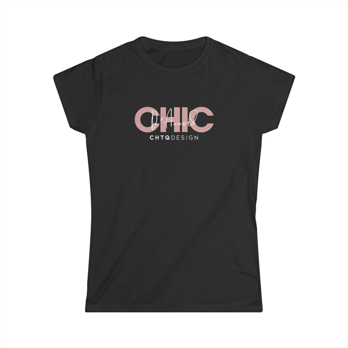 A black short-sleeve crewneck t-shirt with a graphic print on the chest reading 'CHIC D'Accord' in a dusty pink color, with 'CHTQDESIGN' printed underneath in white, displayed on a clean white background.