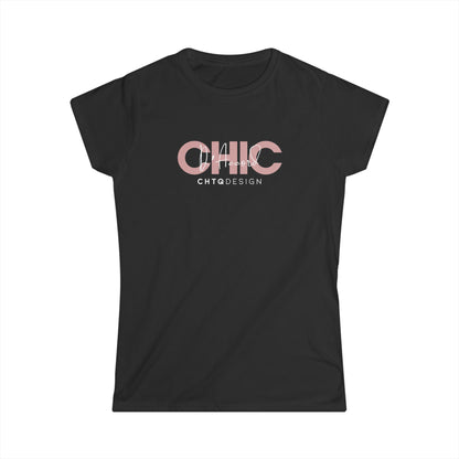 A black short-sleeve crewneck t-shirt with a graphic print on the chest reading 'CHIC D'Accord' in a dusty pink color, with 'CHTQDESIGN' printed underneath in white, displayed on a clean white background.