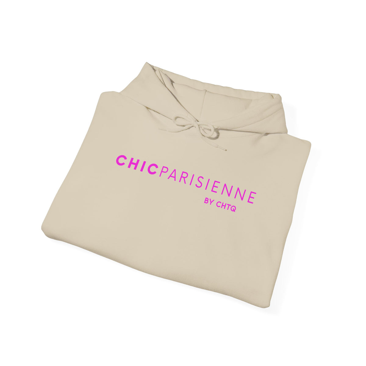 Folded beige CHIC PARISIENNE BY CHTQ hoodie featuring a bright pink graphic print on the front.