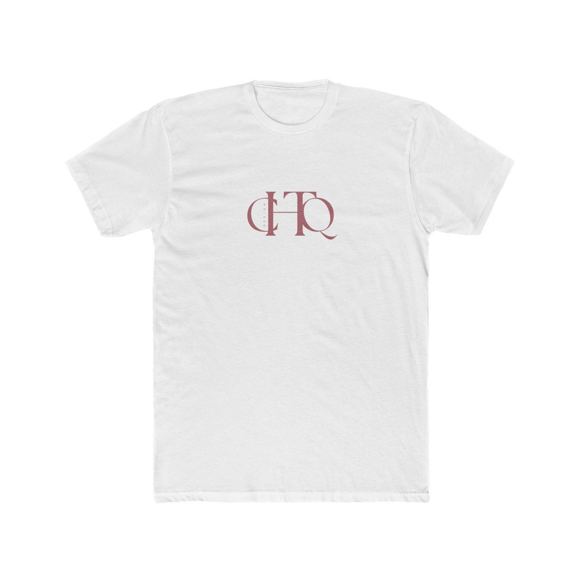 CHTQ Design white graphic T-shirt with minimalist rose-toned monogram print on the front