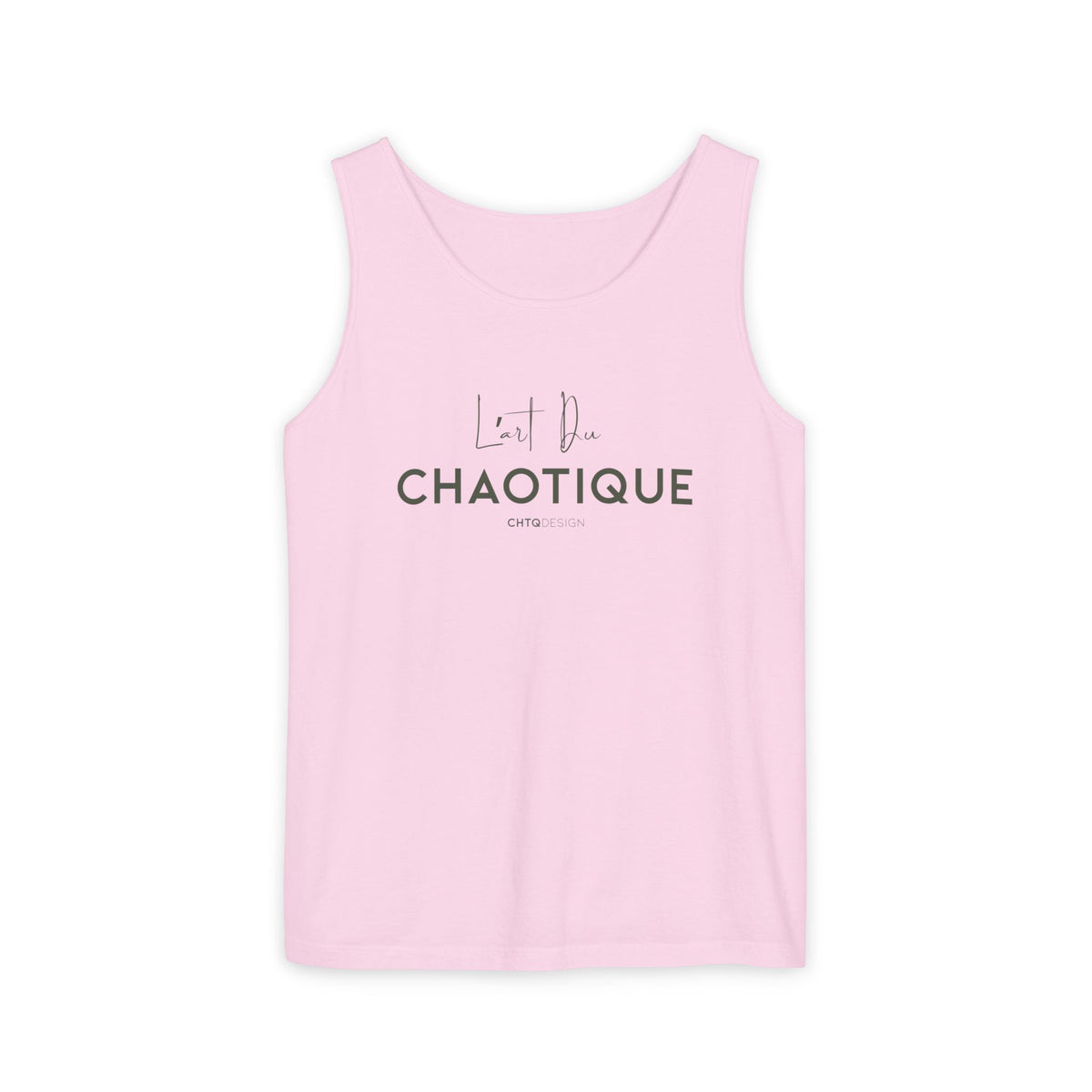 A light pink sleeveless tank top with 'L'art Du CHAOTIQUE' printed on the chest, displayed against a solid white background.